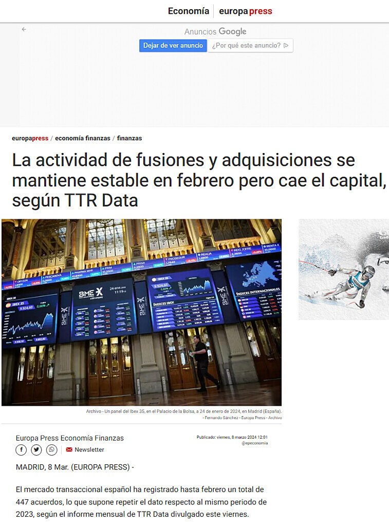 La actividad de fusiones y adquisiciones se mantiene estable en febrero pero cae el capital, segn TTR Data